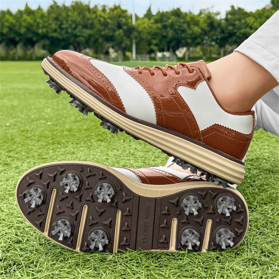 Wingtip Glossy Spiked Golf Shoe on the golf course, view 2