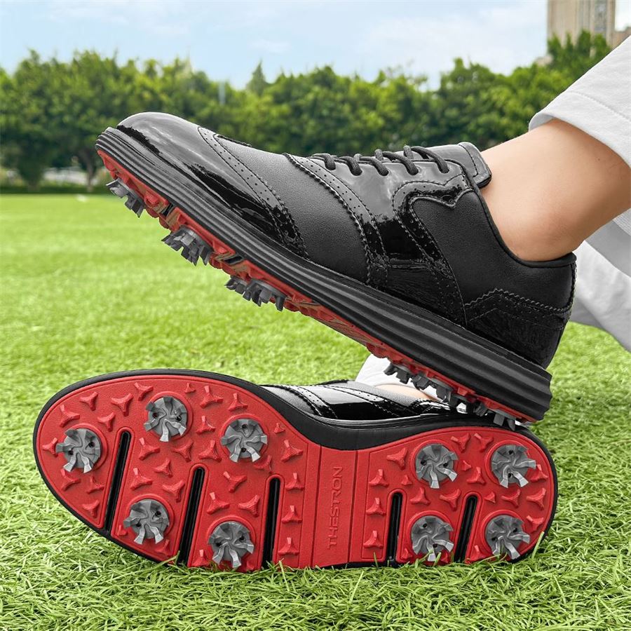 Wingtip Glossy Spiked Golf Shoe on the golf course, view 3