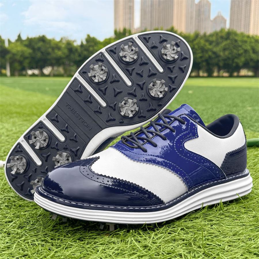 Wingtip Glossy Spiked Golf Shoe on the golf course, view 7