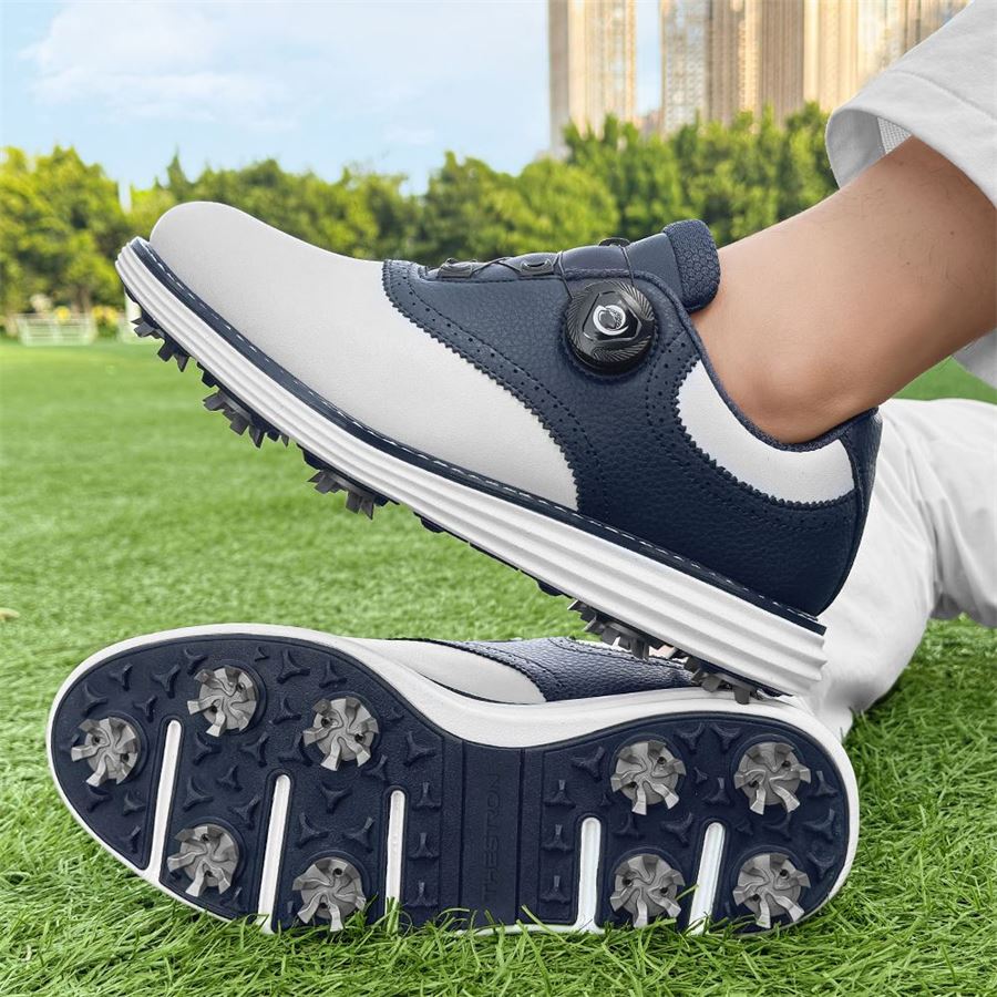 Saddle Rotary-Lace Spiked Golf Shoe on the golf course, view 1