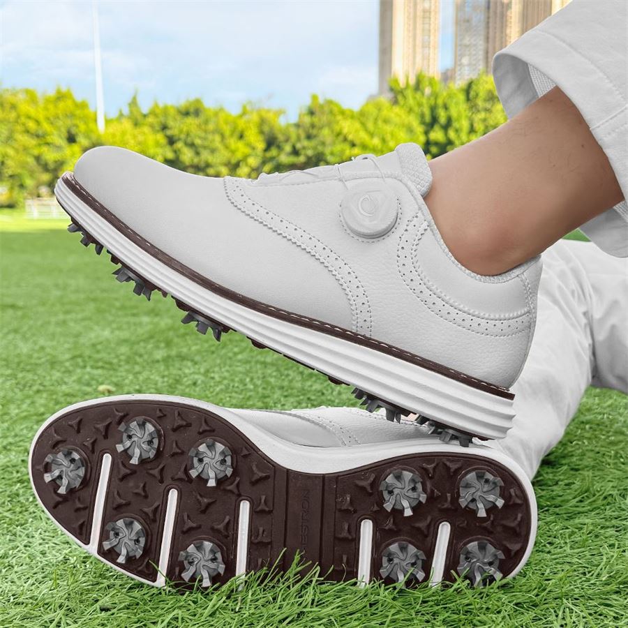 Saddle Rotary-Lace Spiked Golf Shoe on the golf course, view 2