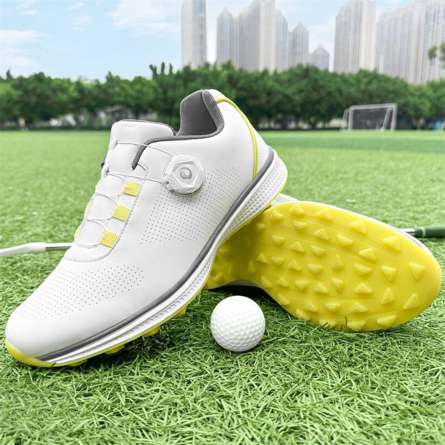 Six-Color Rotary-Lace Spikeless Golf Shoe on the golf course, view 2